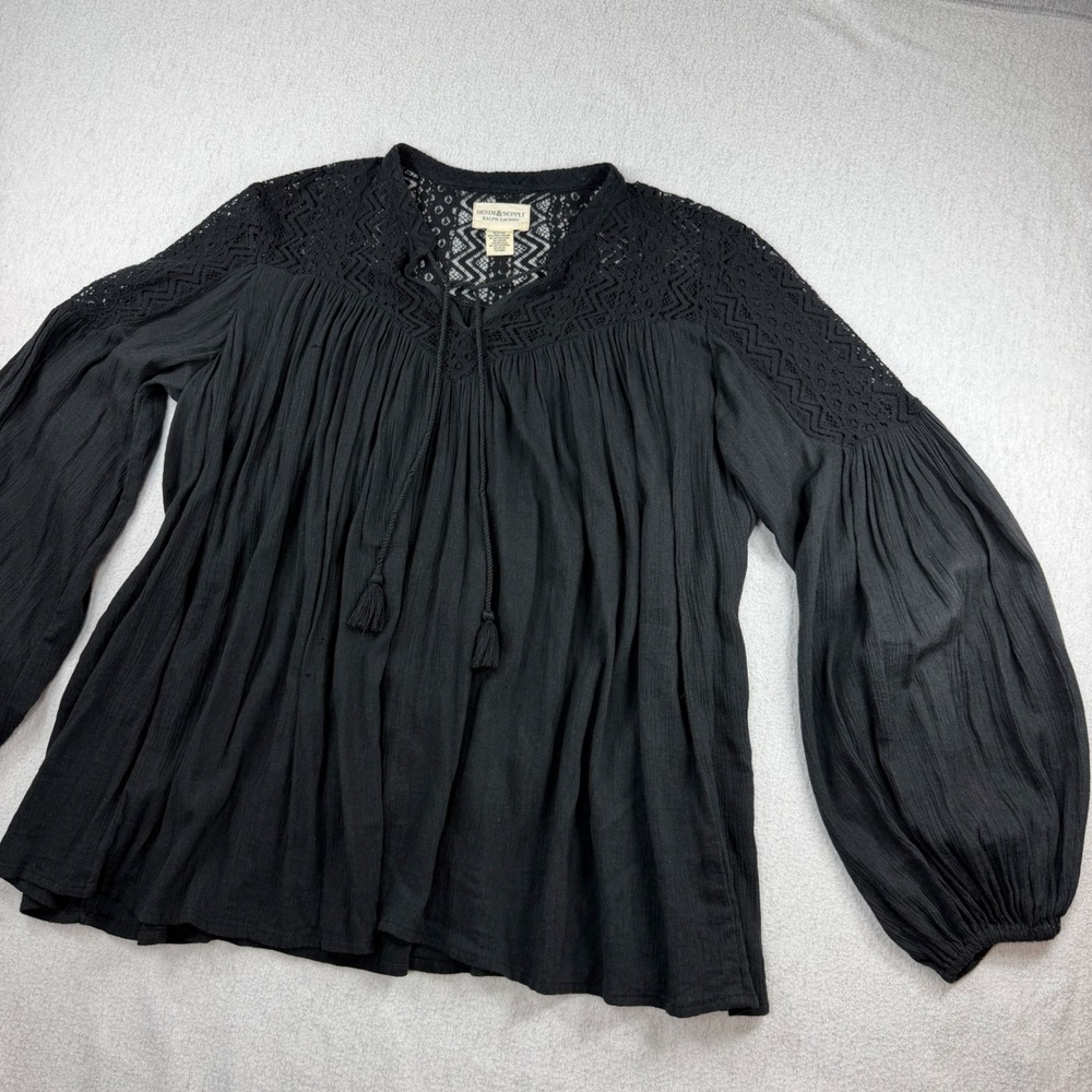 Denim & Supply Ralph Lauren Black Lace Crochet Peasant Blouse Boho Vintage L